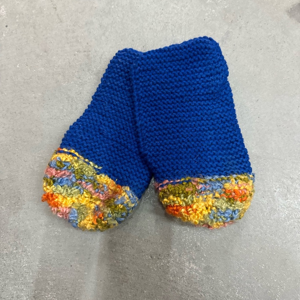 Handmade Blue Knit sock/Booties with Multicolor Trim